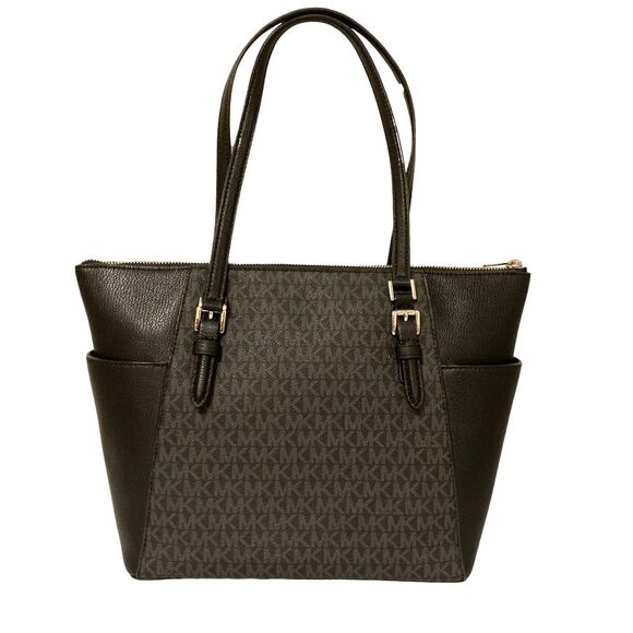 Michael Kors Charlotte Large Tote Gray Monogram and Black Leather - Picture 3 of 13